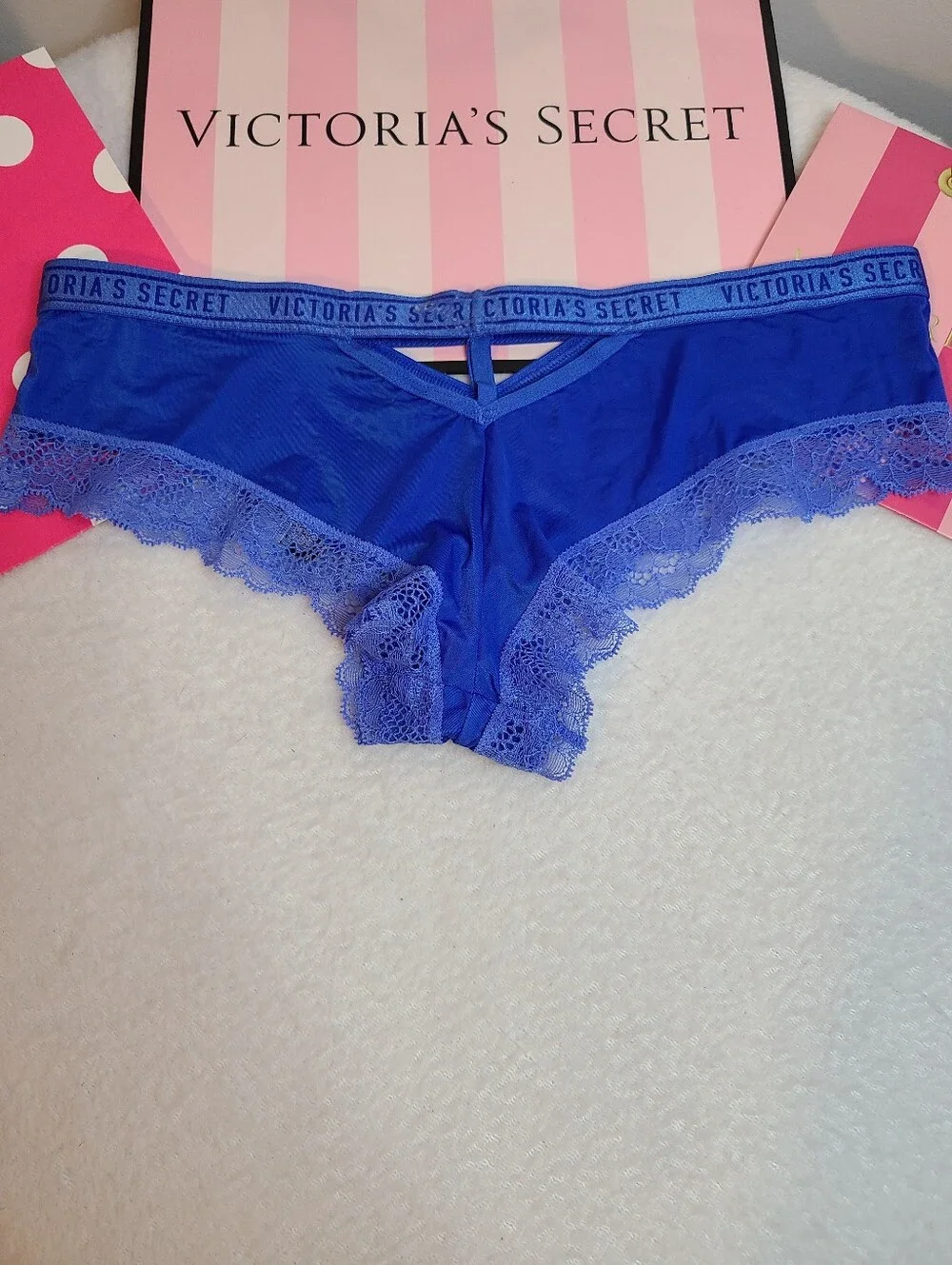 Retired Victoria's Secret Silky Satin Lace Logo Band Cut-out Cheeky Panty Sz M